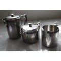 VINTAGE, late 50.s stainless steel, coffee pot, tea pot, milk jug/creamer `Rhodesia by the Sea `