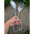 Vintage Pewter Salad Tongs, Salad Server, Fork And Spoon, Unique And Interesting Shape by Luna