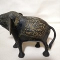 Vintage Metal Black & Brass engraved handcut Elephant with Trunk Up Hand Painted Hand Carved