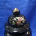 Vintage Japan Porcelain Urn/Ginger Jar Black Hand Painted Floral & Peacocks