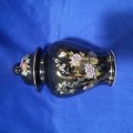 Vintage Japan Porcelain Urn/Ginger Jar Black Hand Painted Floral & Peacocks