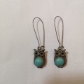 Vintage Turquoise Owl Earrings Silver Tone