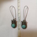 Vintage Turquoise Owl Earrings Silver Tone