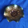 Rare Vtg Carnival Glass Amber Green Sawtooth Rim Bowl, Northwood Carnival Glass Iridescent Embossed