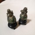 Pair of Chinese/ Tibetan Genuine Natural Green Jade HandCarved Tibetan Silver Lion Statues (2pcs)