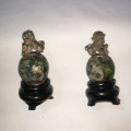 Pair of Chinese/ Tibetan Genuine Natural Green Jade HandCarved Tibetan Silver Lion Statues (2pcs)