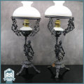 Exquisite!!! Two Antique MASSIVE Cast Iron and Glass Oil Lamps - Electric Fittings Included!!!