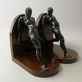 FANTASTIC!!! Art Deco Metal on Wood Male Stylized Male Figure Book Ends!!!