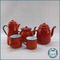 Vintage Enamelware Tea and Coffee Collection, Red, Black Trim, White Inside!!!