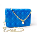 Genuine leather classic dating handbag, chain with pearls. Blue color. Stock in ZA