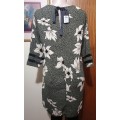 Olive Green Flower Dress With 3/4 Sleeves