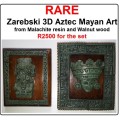 RARE Two Pieces of Zarebski 3D Mayan Aztec Art, in Malachite Resin and Walnut Wood