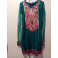 Turquoise sequenced net Punjab suit with dress, pants and scarf size 34-36 as new