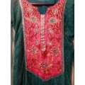 Turquoise sequenced net Punjab suit with dress, pants and scarf size 34-36 as new
