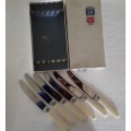 COMPLETE SET OF 6 TAYLOR SHEFFIELD EYE WITNESS FAUX BONE HANDLE TABLE Knives IN ORIGINAL BOX