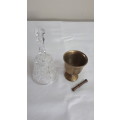 VINTAGE DECORATIVE ITEMS: CRYSTAL BELL AND BRASS GOBLET WITH PESTLE