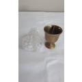 VINTAGE DECORATIVE ITEMS: CRYSTAL BELL AND BRASS GOBLET WITH PESTLE