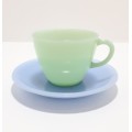 Vintage 1950s Pastel Colour Milk Glass Tea Duo (Cup and Saucer)  Jade and Baby Blue