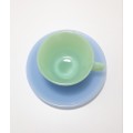 Vintage 1950s Pastel Colour Milk Glass Tea Duo (Cup and Saucer)  Jade and Baby Blue