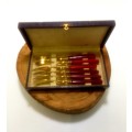 Unusual Vintage Set of Six Brass Dessert Forks Brass With Red Bakelite Handles in Original Box