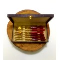 Unusual Vintage Set of Six Brass Dessert Forks Brass With Red Bakelite Handles in Original Box