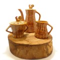 Mid Century Basket Weave Ceramic Breakfast Coffee Set Rooster Detail Coffee Pot, Creamer & Sugar