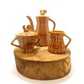Mid Century Basket Weave Ceramic Breakfast Coffee Set Rooster Detail Coffee Pot, Creamer & Sugar