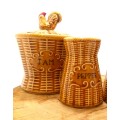 Beautiful Mid Century Basket Weave Breakfast Set With Rooster Detail  Jam, Jelly & Salt & Pepper