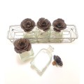 Decorative Set Of 5 Contemporary (Vintage Looking)Bottles On Wire Rack With Metal Rose Cork Stoppers