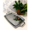 Rectangular Silver Plated Vintage Serving Tray With Handles & Repousse Craft Rim Patterning