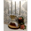 Large Ceramic Heavy 4 Candle Holder In Soft Grey & Rose Gold Almost In Fleur-de-lis Pattern