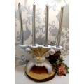 Large Ceramic Heavy 4 Candle Holder In Soft Grey & Rose Gold Almost In Fleur-de-lis Pattern