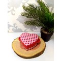 Heart Shaped Lidded Porcelain Bowl With Two Handles & Candle  Red Checkered Pattern