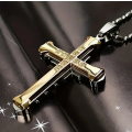 Steel Cross Pendant Necklace With Zircon Inlaid - Golden
