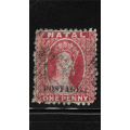 NATAL 1869 SACC55 1d Bright Red + Shade Ovpt Type V Postage Capital letters with stop - Fine Used
