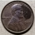 1969 USA  1 Cent Wheat Penny with error (plating/laminating)