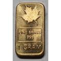 Collectable Canadian Maple leave Fine .999, 1 Gram Pure Brass Ingot