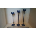 Indian Blue -  Enamel Brass - Lovely Set of 3 Cascading Candlestick Holders