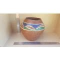 African Zulu Beer Pot -  Terracota Clay With Blue And Green Pattern Ukhamba