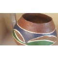 African Zulu Beer Pot -  Terracota Clay With Blue And Green Pattern Ukhamba