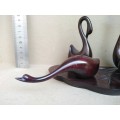 Vintage! - 5 Piece - Majestic  Ebony Wooden Swan Family - Hand Carved On Wooden Base