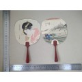 Vintage! Pair Of Japanese Uchiwa Non-Folding Hand Held Fans With Wood Handles