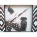 Africana! Pair Of Shadow Box Frames - Guinea Fowl Feathers / Porcupine Quill - Wall Hanging Decor