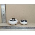 Vintage! Studio Art Pottery - White And Black Etched - Pair Of Small Vessels