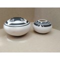 Vintage! Studio Art Pottery - White And Black Etched - Pair Of Small Vessels