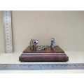 Vintage! Silver Metal Baboon Family Statuettes On Walnut? Wooden Base