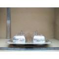 Vintage! Silver On Brass Double Compartment Butter Dish With Lids and Glass Insert