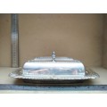 Vintage! Silver On Brass Double Compartment Butter Dish With Lids and Glass Insert