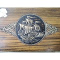 Vintage! Antique Biscuit Tin/Trinket Box Embossed With Image Of Sailing Vessel