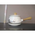 Vintage!  Wood Handle Enamel Fondue Pot.